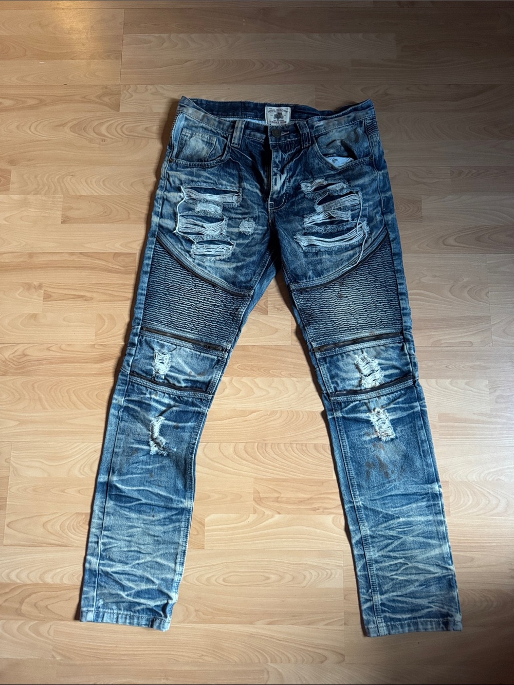 Slim Fit Distressed Blue Moto Jeans for Men